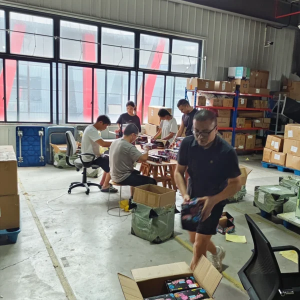 Warehouse staff performing final product inspection and carton packing