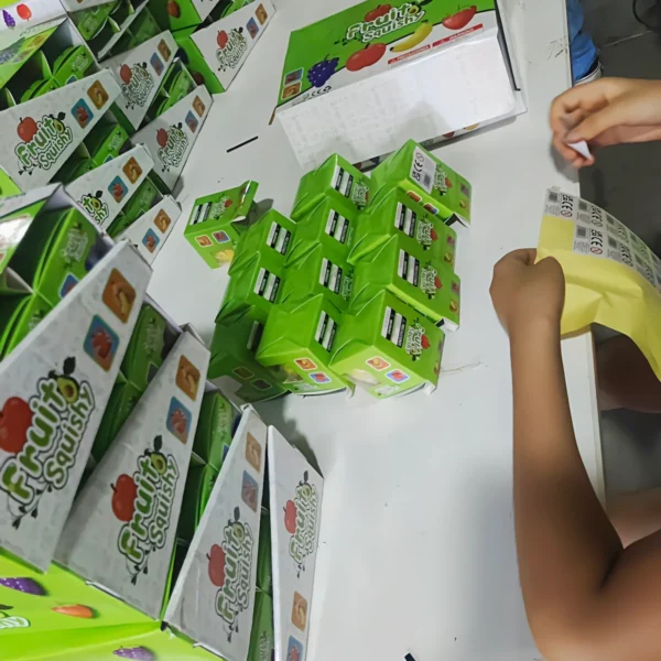 Warehouse operator applying product labels during a relabeling project